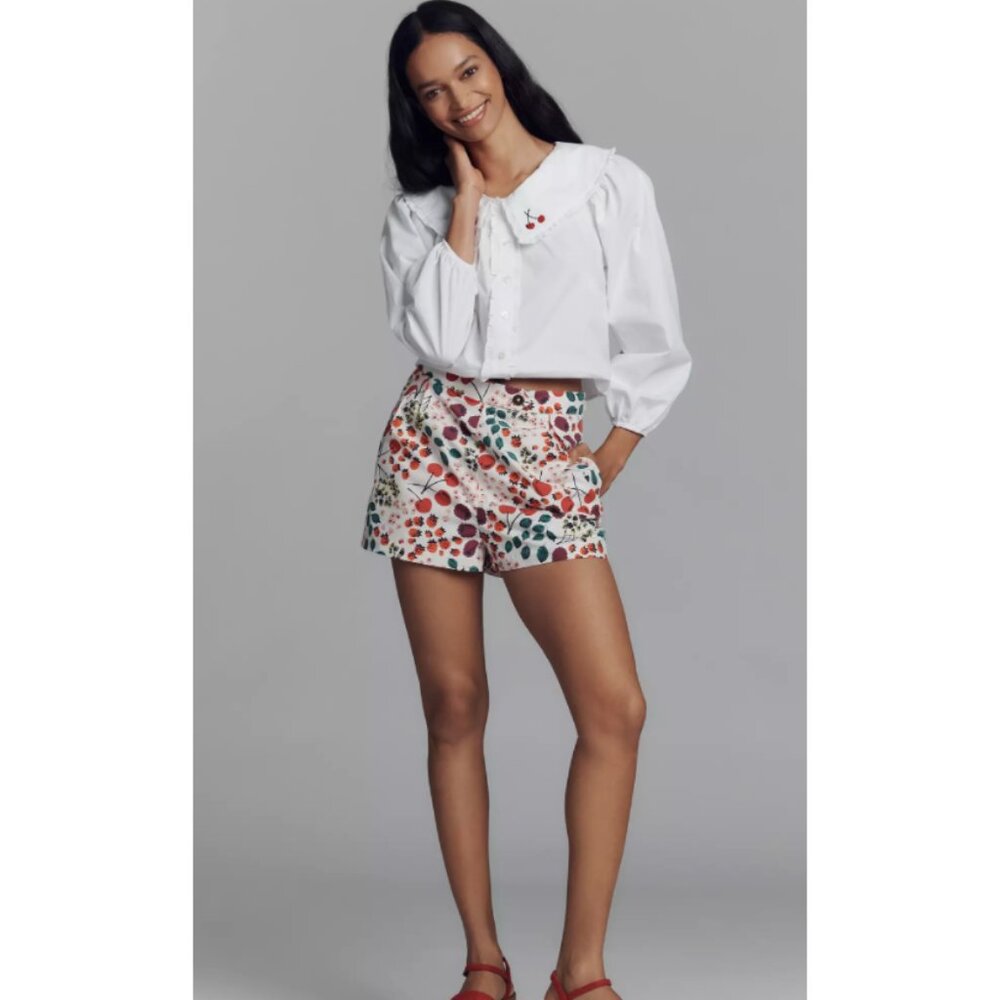 Maeve Anthropologie Women’s Sz 2 Small Fruit Pattern White Pleated Poplin Shorts